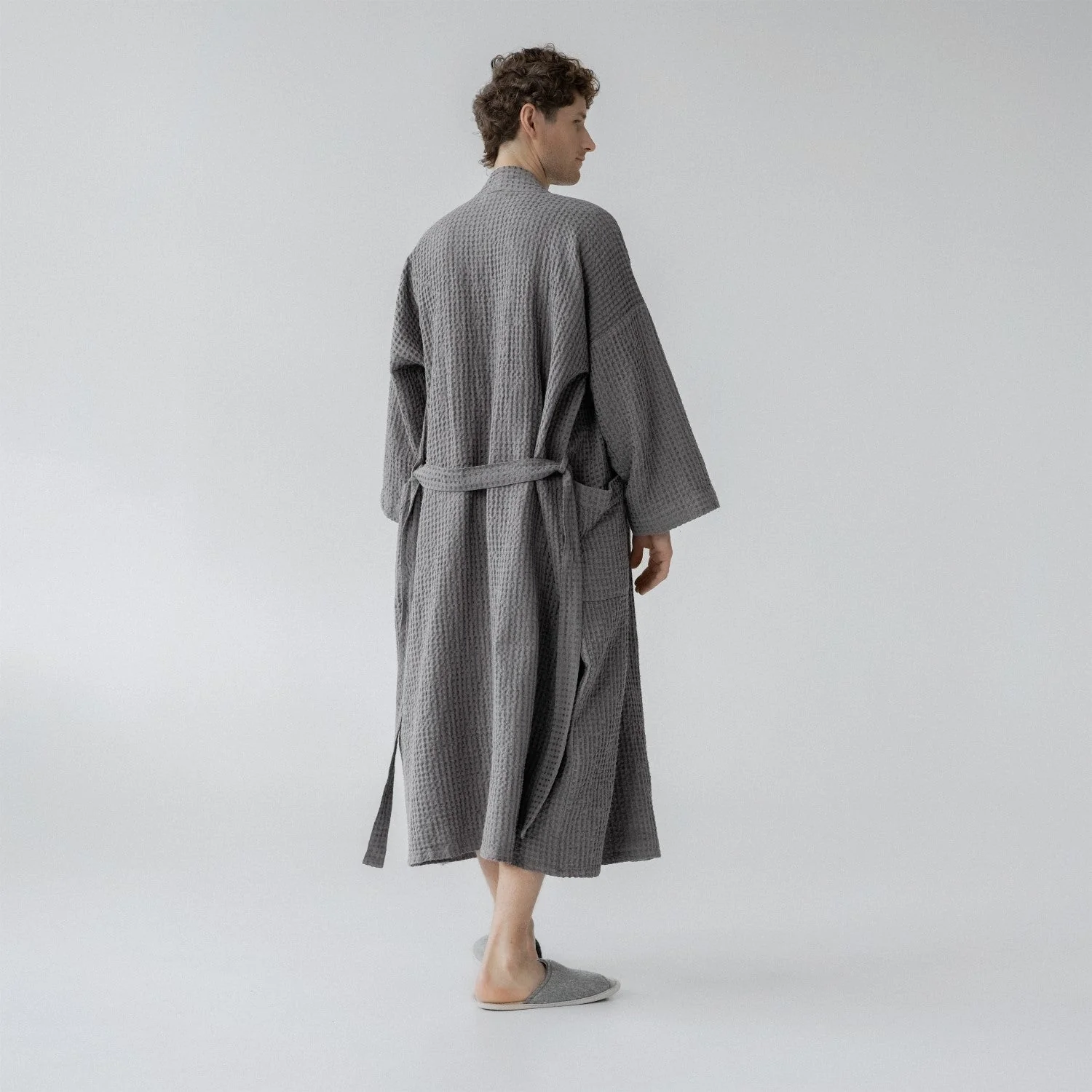 Dark Grey Linen & Cotton Waffle Bathrobe - Image 5