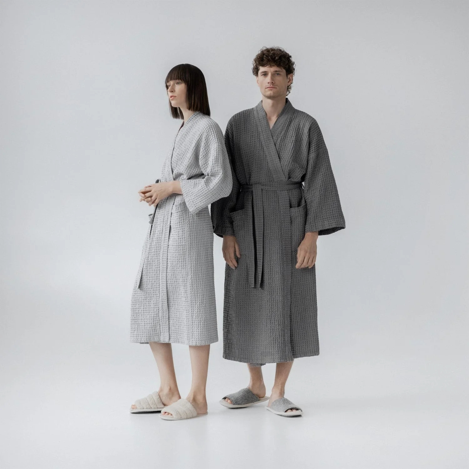 Dark Grey Linen & Cotton Waffle Bathrobe - Image 6