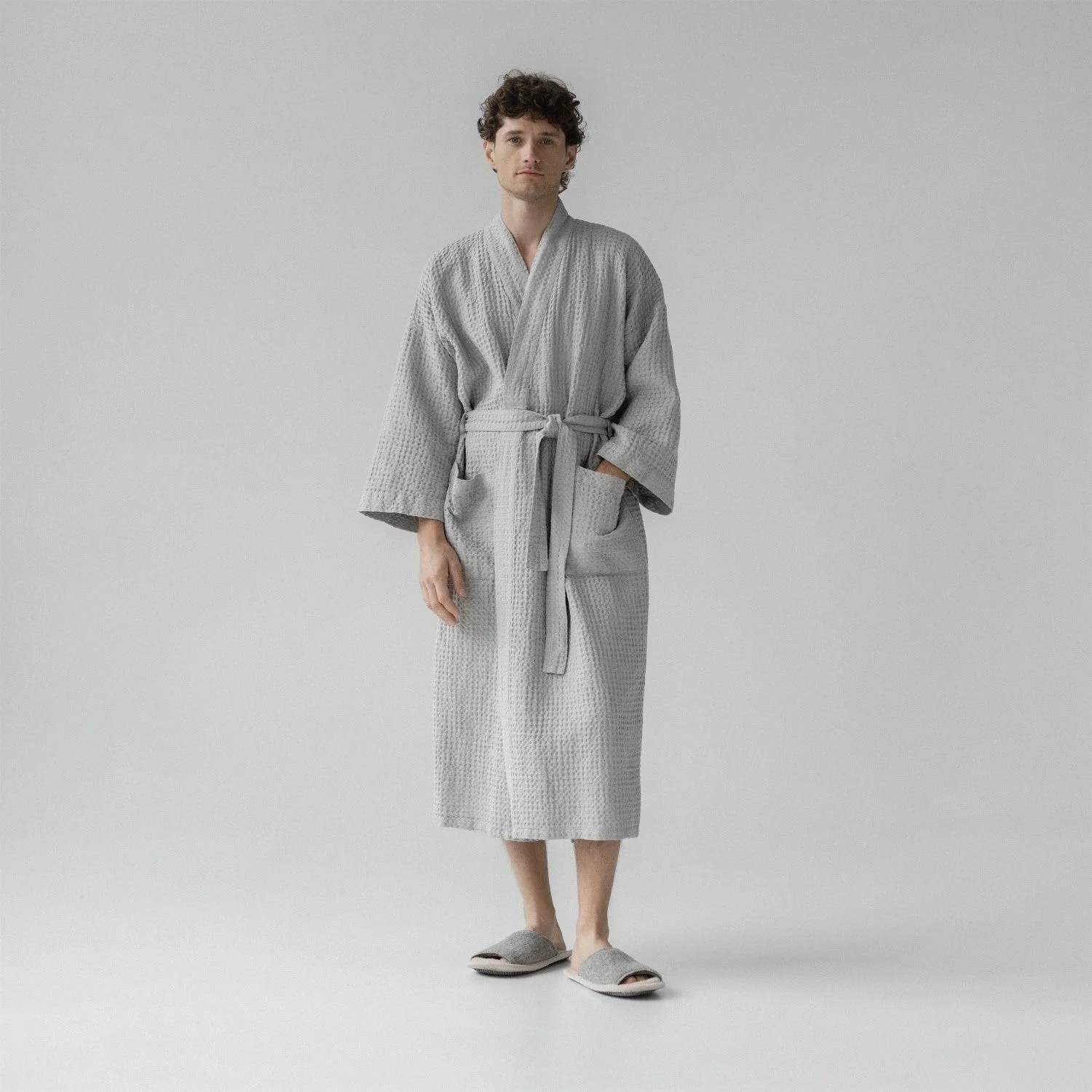 Light Gray Linen and Waffle Cotton Bathrobe - Image 3