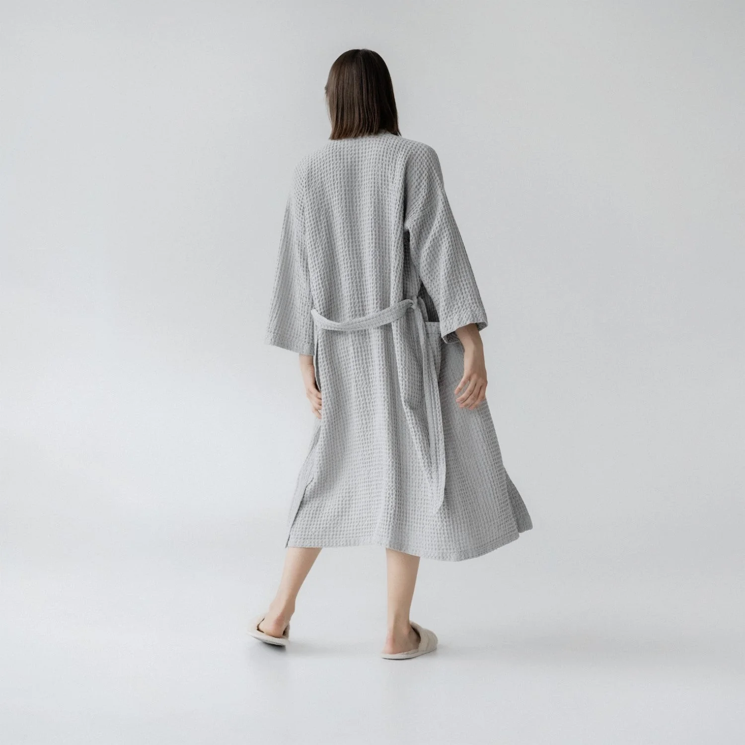 Light Gray Linen and Waffle Cotton Bathrobe - Image 4