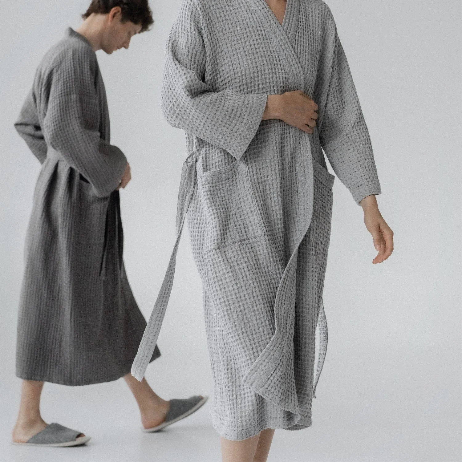 Light Gray Linen and Waffle Cotton Bathrobe - Image 5