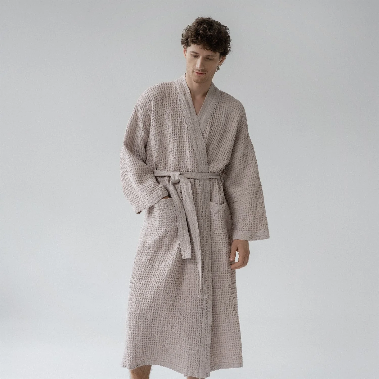 Powder Linen & Cotton Waffle Bathrobe - Image 3