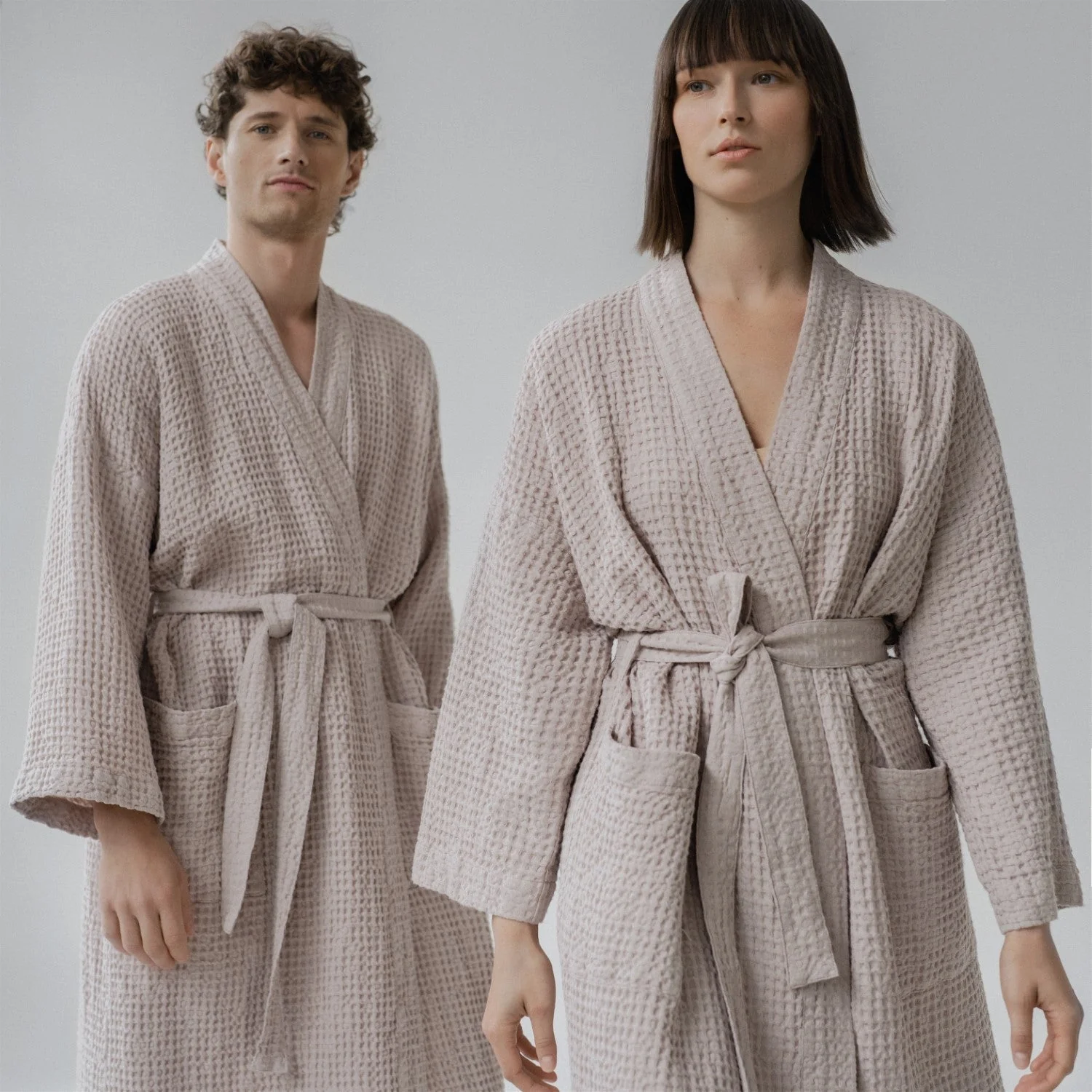 Powder Linen & Cotton Waffle Bathrobe - Image 5